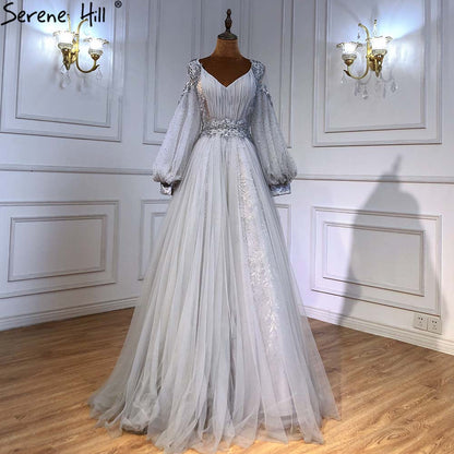 Serene Hill Green Lantern Sleeve Evening Dresses Gowns 2025 A-Line Beaded Luxury For Women Wedding Party LA71477 - SERENE HILL