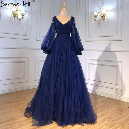 Serene Hill Green Lantern Sleeve Evening Dresses Gowns 2025 A-Line Beaded Luxury For Women Wedding Party LA71477 - SERENE HILL