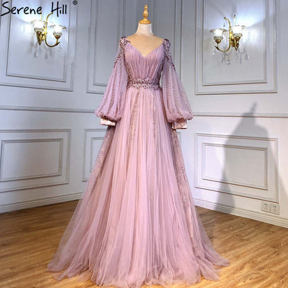 Serene Hill Green Lantern Sleeve Evening Dresses Gowns 2025 A-Line Beaded Luxury For Women Wedding Party LA71477 - SERENE HILL