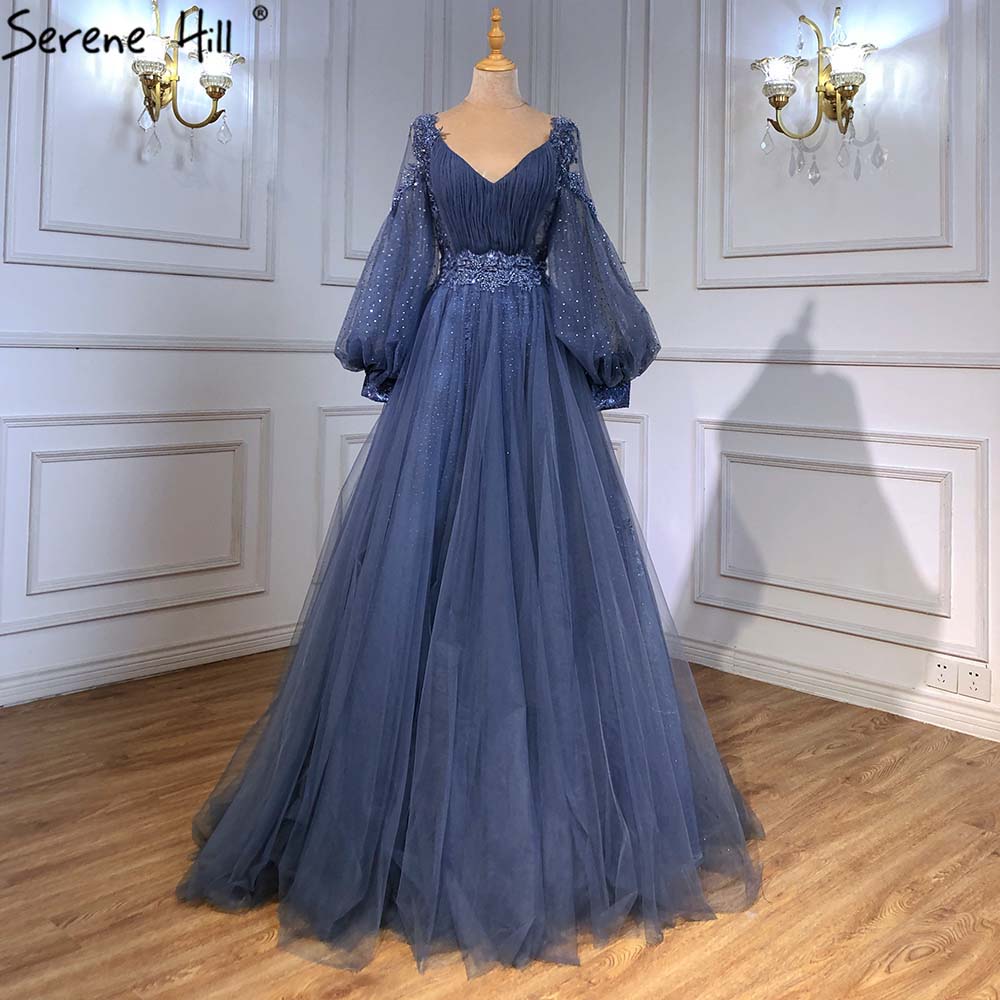 Serene Hill Green Lantern Sleeve Evening Dresses Gowns 2025 A-Line Beaded Luxury For Women Wedding Party LA71477 - SERENE HILL