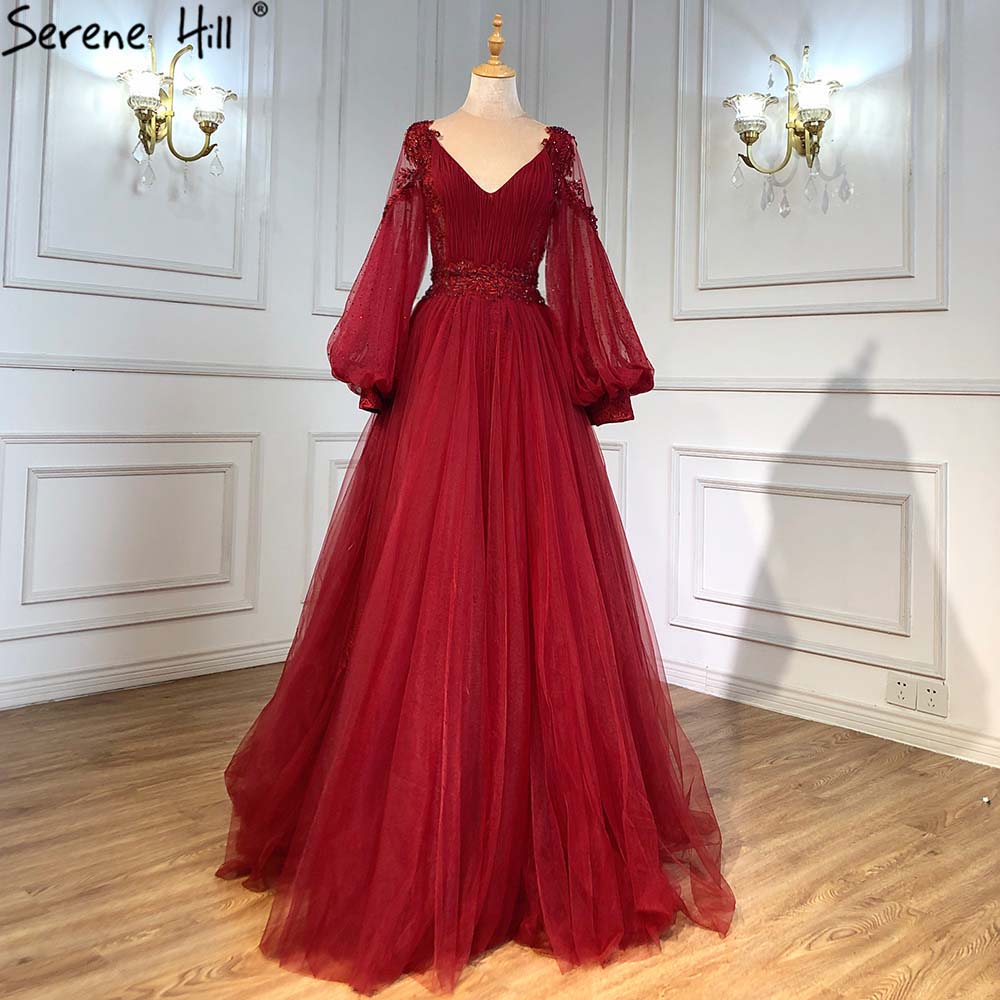 Serene Hill Green Lantern Sleeve Evening Dresses Gowns 2025 A-Line Beaded Luxury For Women Wedding Party LA71477 - SERENE HILL