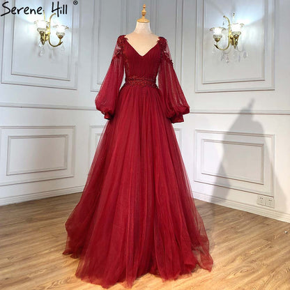 Serene Hill Green Lantern Sleeve Evening Dresses Gowns 2025 A-Line Beaded Luxury For Women Wedding Party LA71477 - SERENE HILL