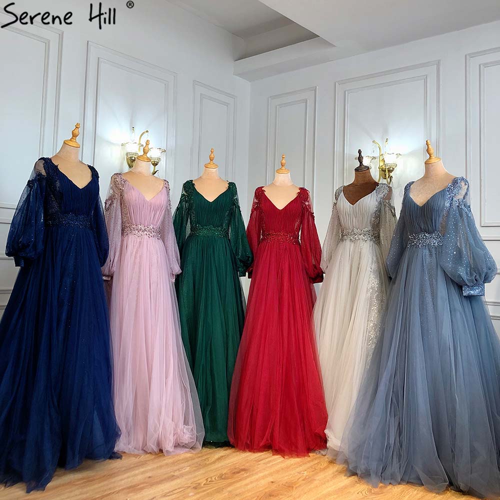 Serene Hill Green Lantern Sleeve Evening Dresses Gowns 2025 A-Line Beaded Luxury For Women Wedding Party LA71477 - SERENE HILL