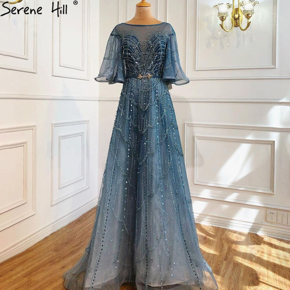 Serene Hill Green Long Flare Sleeves Evening Dresses Gowns 2025 A-Line Luxury Beading For Women Party LA70822 - SERENE HILL