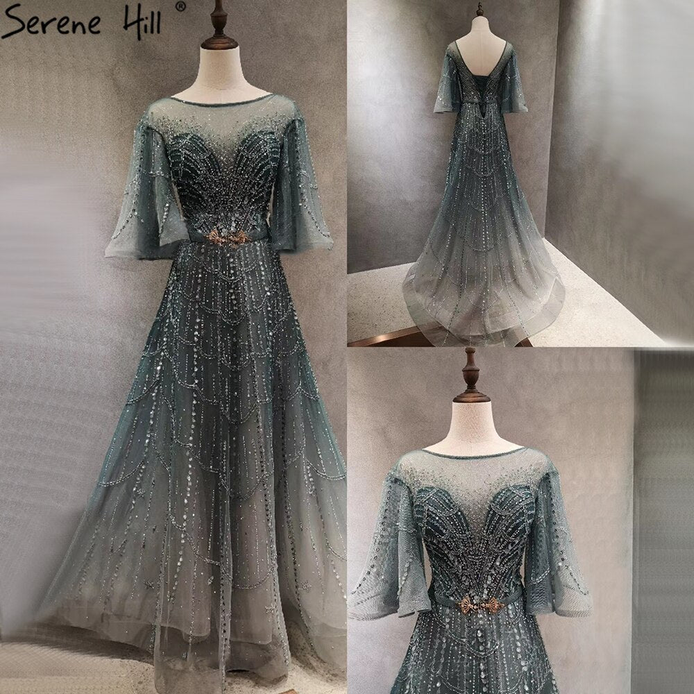 Serene Hill Green Long Flare Sleeves Evening Dresses Gowns 2025 A-Line Luxury Beading For Women Party LA70822 - SERENE HILL