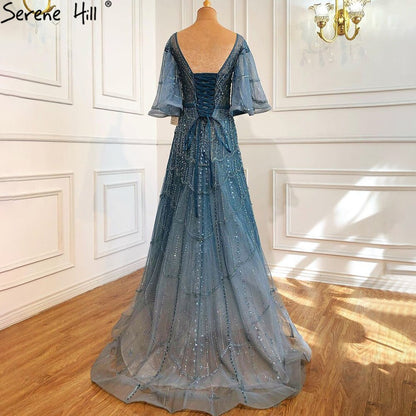 Serene Hill Green Long Flare Sleeves Evening Dresses Gowns 2025 A-Line Luxury Beading For Women Party LA70822 - SERENE HILL