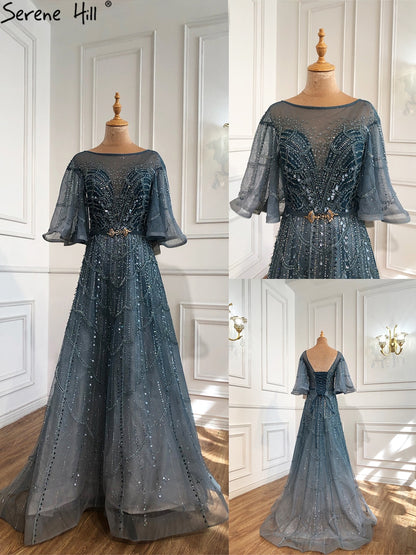 Serene Hill Green Long Flare Sleeves Evening Dresses Gowns 2025 A-Line Luxury Beading For Women Party LA70822 - SERENE HILL