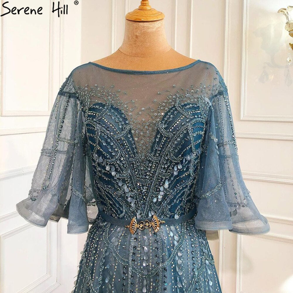 Serene Hill Green Long Flare Sleeves Evening Dresses Gowns 2025 A-Line Luxury Beading For Women Party LA70822 - SERENE HILL