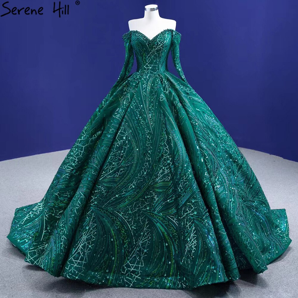 Serene Hill Green Luxury Beaded Wedding Dresses 2025 Long Sleeves High-end Bride Gowns HM67368 Custom Made - SERENE HILL