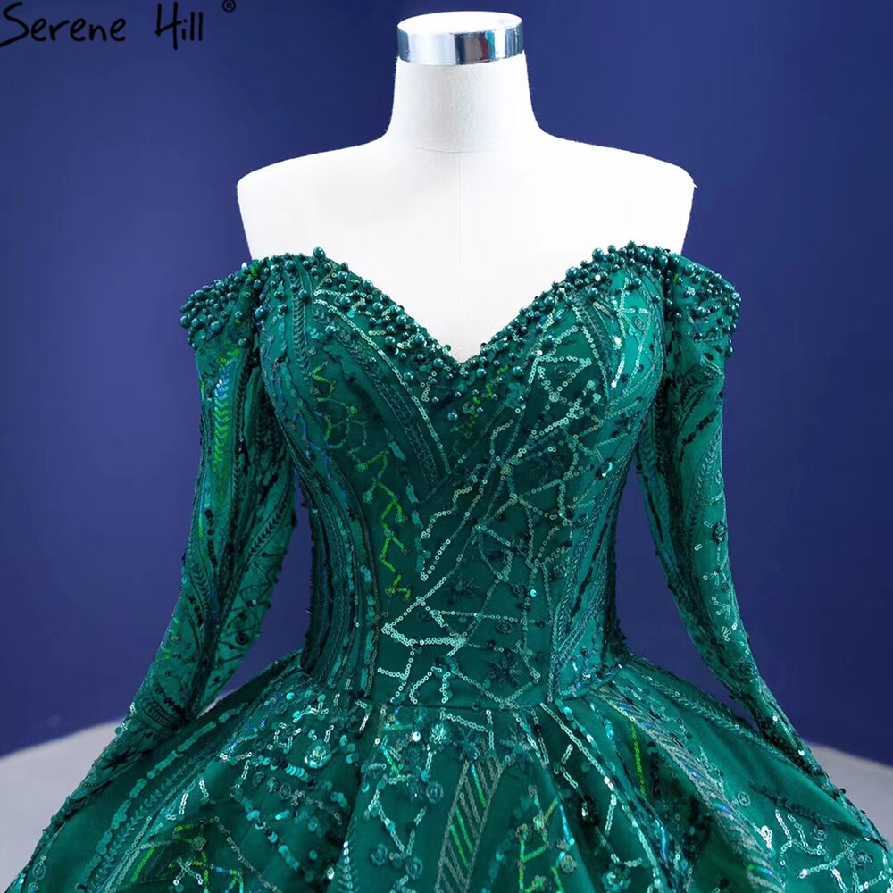 Serene Hill Green Luxury Beaded Wedding Dresses 2025 Long Sleeves High-end Bride Gowns HM67368 Custom Made - SERENE HILL
