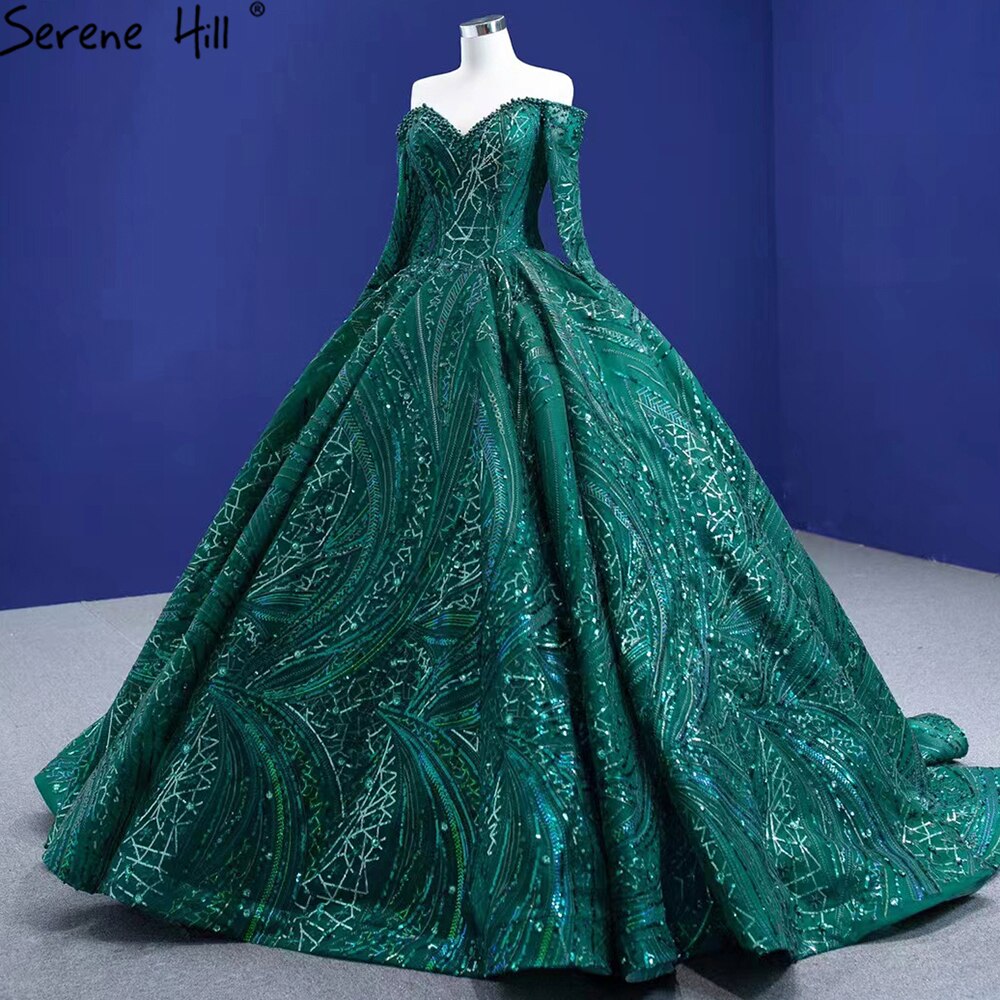 Serene Hill Green Luxury Beaded Wedding Dresses 2025 Long Sleeves High-end Bride Gowns HM67368 Custom Made - SERENE HILL