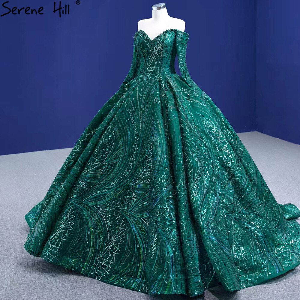 Serene Hill Green Luxury Beaded Wedding Dresses 2025 Long Sleeves High-end Bride Gowns HM67368 Custom Made - SERENE HILL