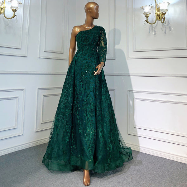 Serene Hill Green Luxury One Shoulder Evening Dresses Gowns 2025 Beaded Mermaid Elegant Overskirt For Women Party LA71607