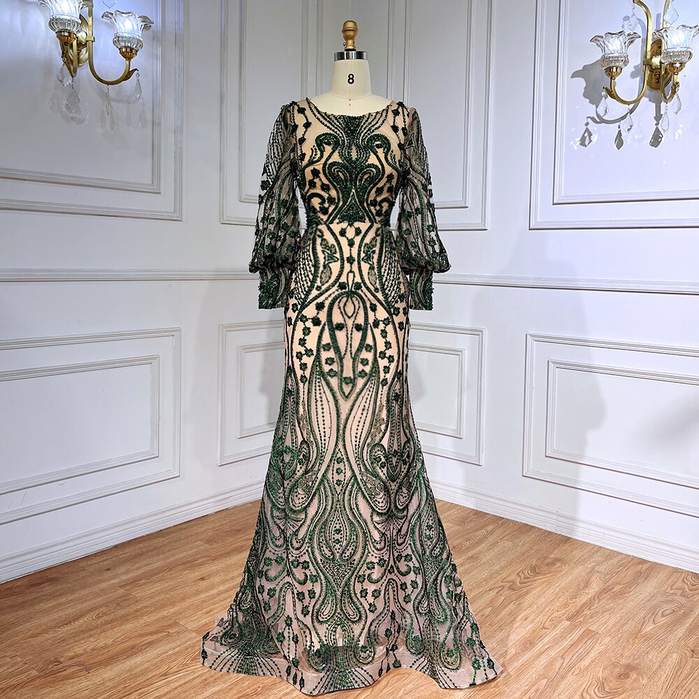 Serene Hill Green Mermaid Elegant Puff Sleeves Lace Beaded Luxury Evening Dresses Gowns For Women Muslim Party 2025 LA71840 - SERENE HILL