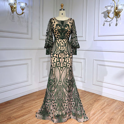 Serene Hill Green Mermaid Elegant Puff Sleeves Lace Beaded Luxury Evening Dresses Gowns For Women Muslim Party 2025 LA71840 - SERENE HILL