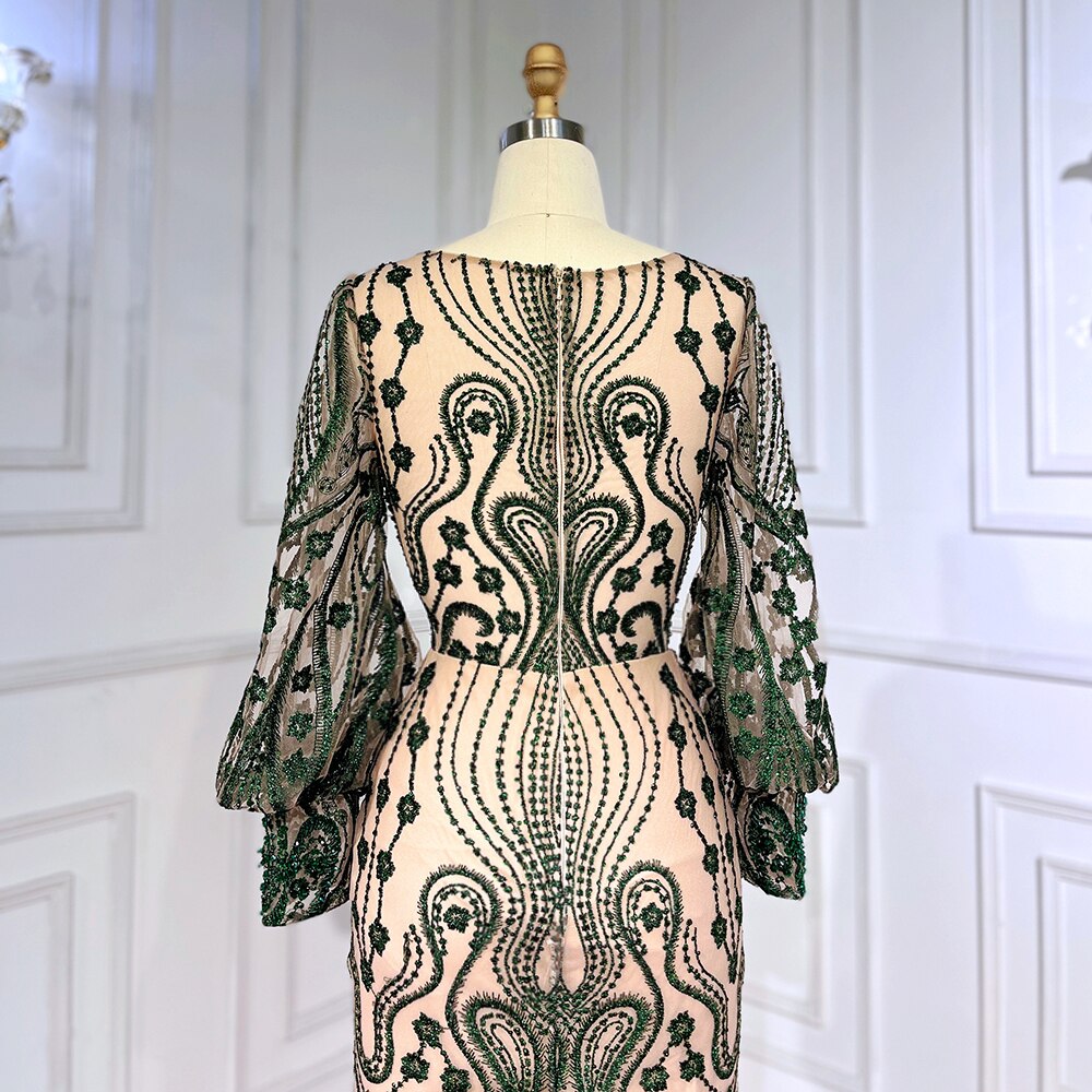 Serene Hill Green Mermaid Elegant Puff Sleeves Lace Beaded Luxury Evening Dresses Gowns For Women Muslim Party 2025 LA71840 - SERENE HILL