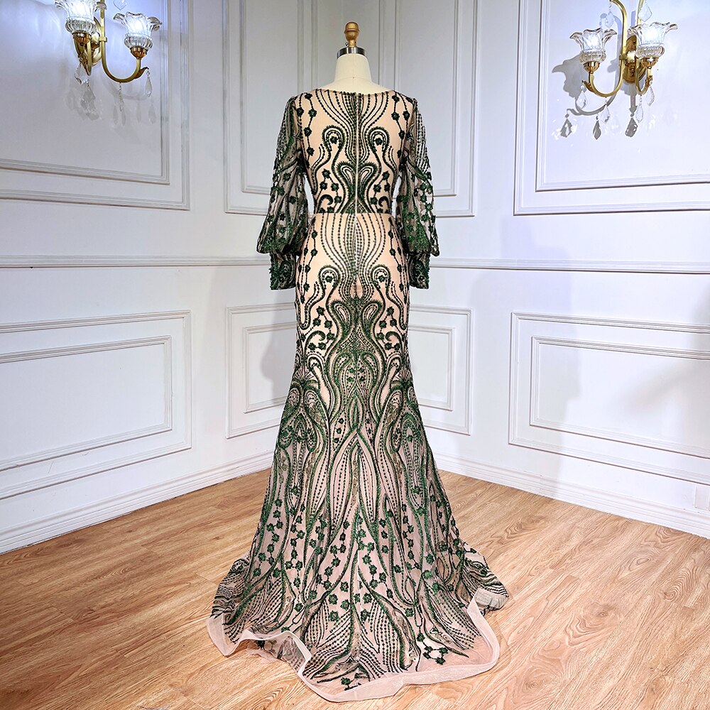 Serene Hill Green Mermaid Elegant Puff Sleeves Lace Beaded Luxury Evening Dresses Gowns For Women Muslim Party 2025 LA71840 - SERENE HILL