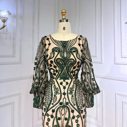 Serene Hill Green Mermaid Elegant Puff Sleeves Lace Beaded Luxury Evening Dresses Gowns For Women Muslim Party 2025 LA71840 - SERENE HILL
