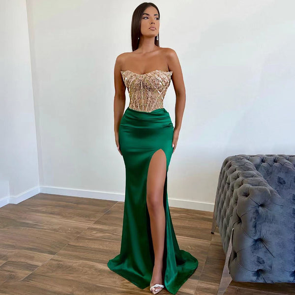 Serene Hill Green Mermaid Elegant Sexy High Split Satin Evening Dresses Gowns Beaded 2025 For Women Party LA71731