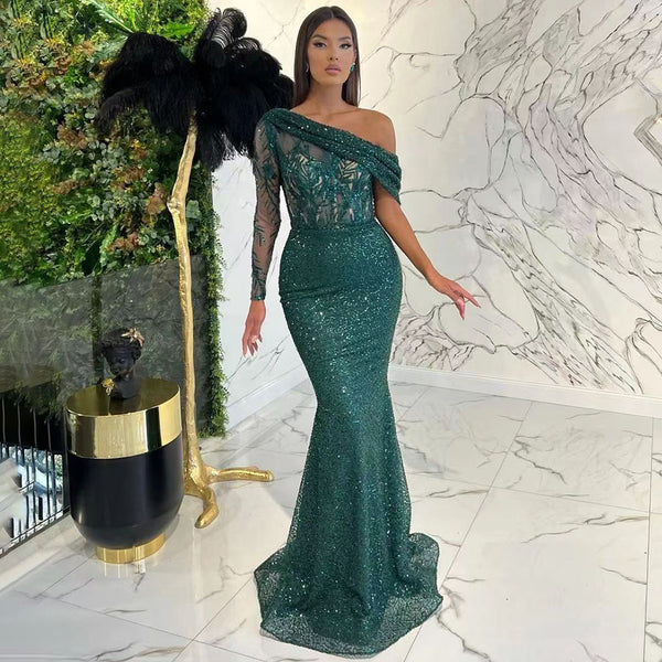 Serene Hill Green Mermaid Elegant Sexy One-Shoulder Evening Dresses Gowns 2025 Luxury Pearls Beaded For Women Party LA71717
