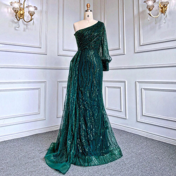 Serene Hill Green Mermaid Elegant Sexy One Shoulder Puff Sleeves Luxury Beaded Evening Dresses Gowns For Women Party LA71772