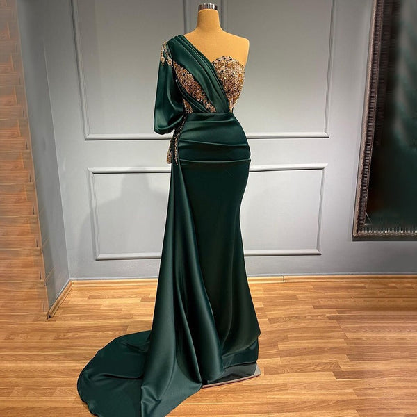 Serene Hill Green Mermaid Elegant Sexy One ShoulderSatin Evening Dresses Gowns Luxury Beaded  2025 For Women Party LA71706