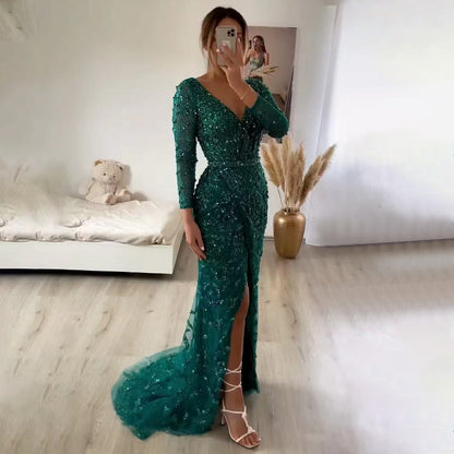 Serene Hill Green Mermaid Elegant V-Neck Pearls Long Sleeves Evening Dresses Luxury Beaded 2025 For Women Wedding Party LA70499 - SERENE HILL