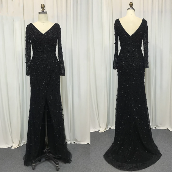 Serene Hill Green Mermaid Elegant V-Neck Pearls Long Sleeves Evening Dresses Luxury Beaded 2025 For Women Wedding Party LA70499 - SERENE HILL