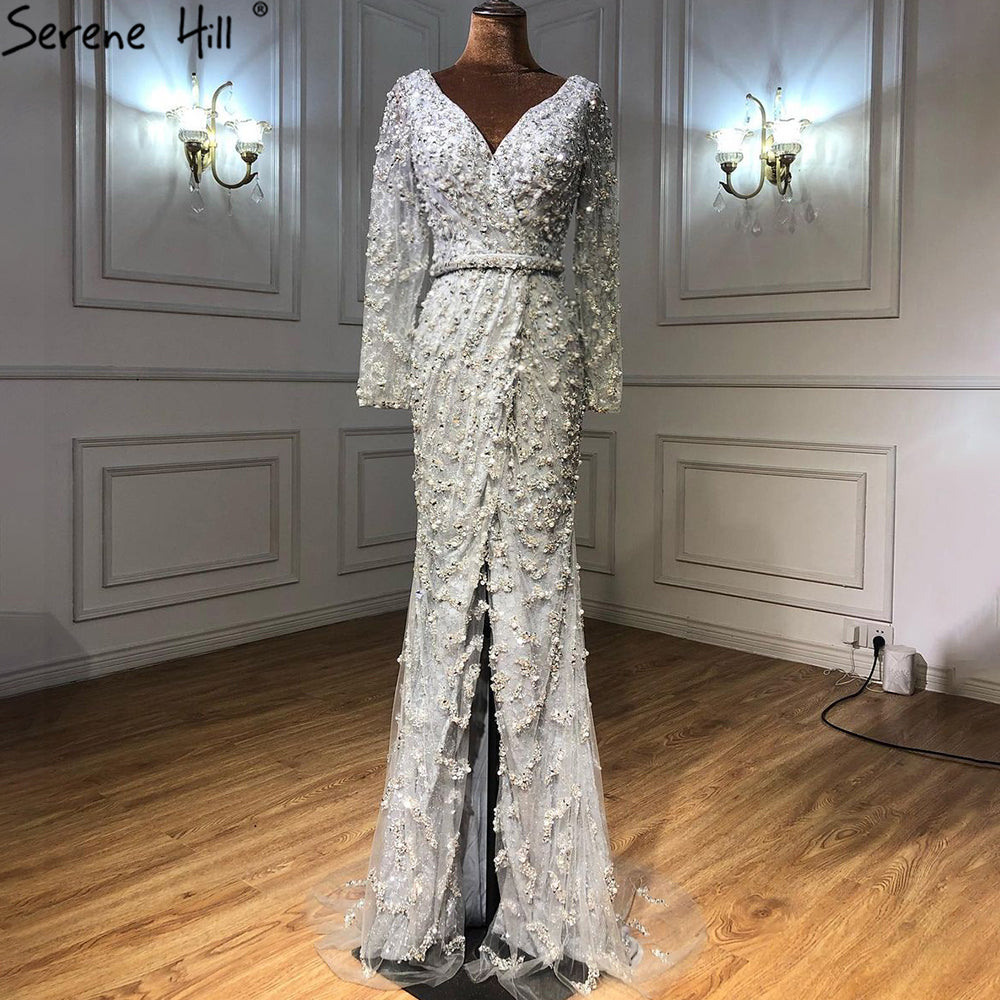 Serene Hill Green Mermaid Elegant V-Neck Pearls Long Sleeves Evening Dresses Luxury Beaded 2025 For Women Wedding Party LA70499 - SERENE HILL
