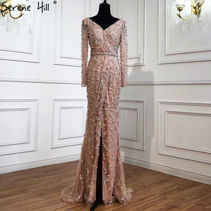 Serene Hill Green Mermaid Elegant V-Neck Pearls Long Sleeves Evening Dresses Luxury Beaded 2025 For Women Wedding Party LA70499 - SERENE HILL