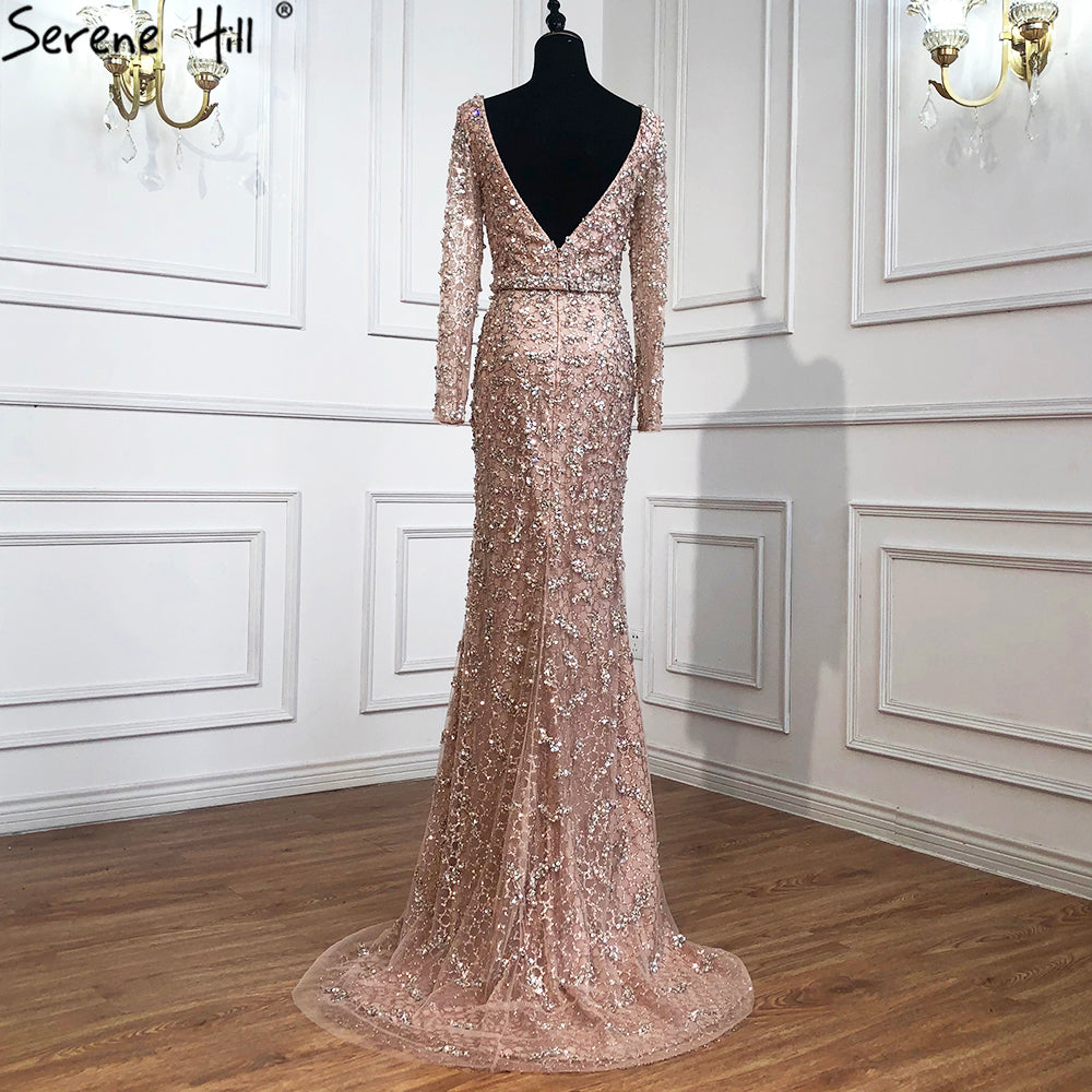 Serene Hill Green Mermaid Elegant V-Neck Pearls Long Sleeves Evening Dresses Luxury Beaded 2025 For Women Wedding Party LA70499 - SERENE HILL