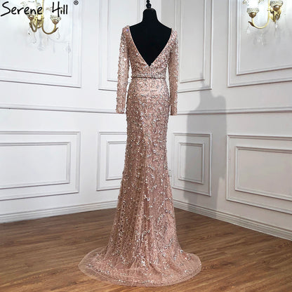 Serene Hill Green Mermaid Elegant V-Neck Pearls Long Sleeves Evening Dresses Luxury Beaded 2025 For Women Wedding Party LA70499 - SERENE HILL