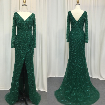 Serene Hill Green Mermaid Elegant V-Neck Pearls Long Sleeves Evening Dresses Luxury Beaded 2025 For Women Wedding Party LA70499 - SERENE HILL