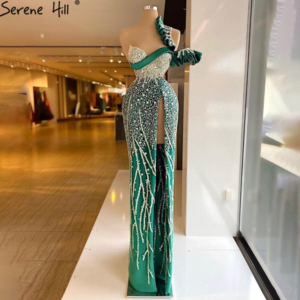 Serene Hill Green Mermaid High Split Evening Dresses Gowns 2025 Luxury Beaded One Shoulder For Women Party LA71317