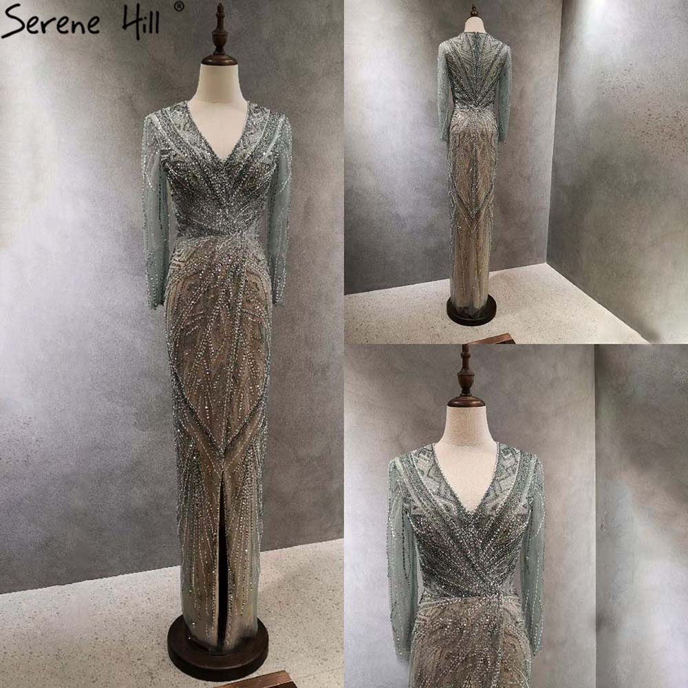 Serene Hill Green Mermaid High Split Evening Dresses Gowns 2025 Beaded Elegant Luxury For Women Party LA71385 - SERENE HILL