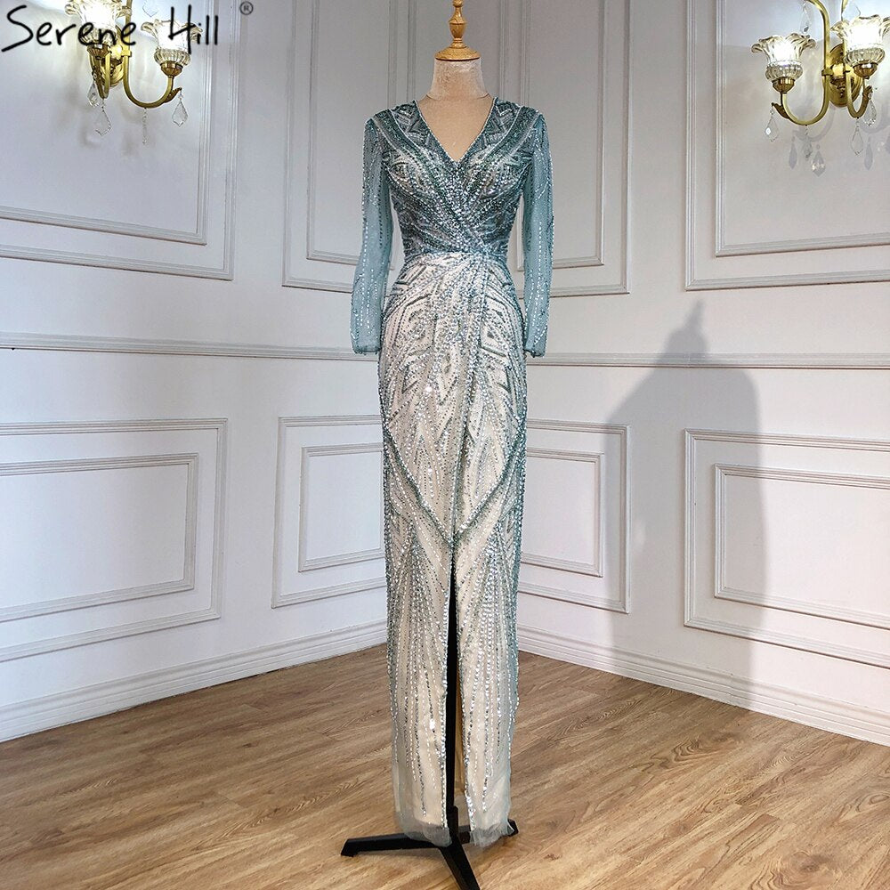 Serene Hill Green Mermaid High Split Evening Dresses Gowns 2025 Beaded Elegant Luxury For Women Party LA71385 - SERENE HILL