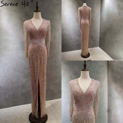 Serene Hill Green Mermaid High Split Evening Dresses Gowns 2025 Beaded Elegant Luxury For Women Party LA71385 - SERENE HILL