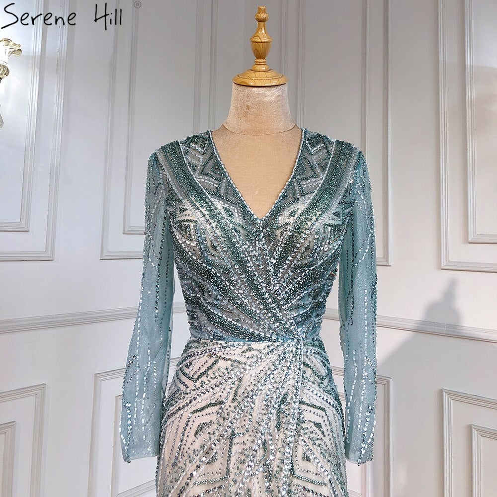 Serene Hill Green Mermaid High Split Evening Dresses Gowns 2025 Beaded Elegant Luxury For Women Party LA71385 - SERENE HILL