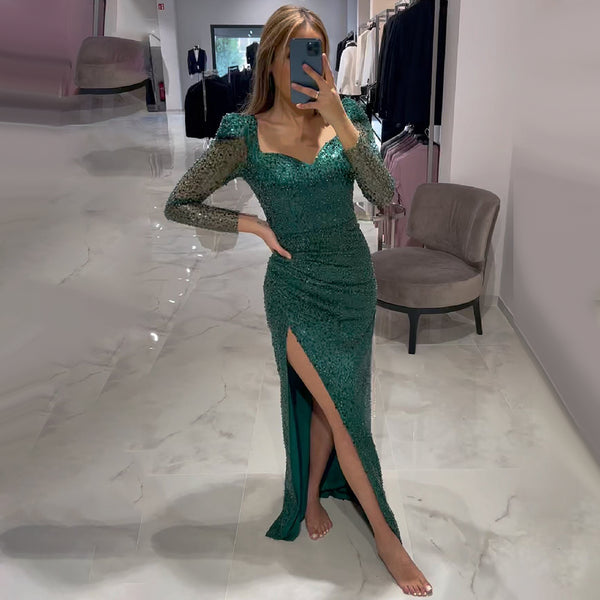 Serene Hill Green Mermaid Luxury Evening Dresses Gowns 2025 Beaded Elegant High Split For Women Party LA71664