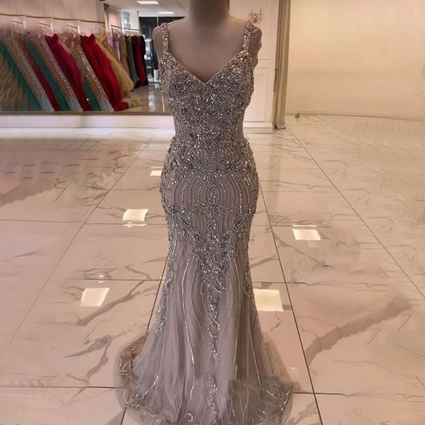 Serene Hill Green Mermaid Luxury Evening Dresses Gowns 2025 Beaded Elegant Spaghetti Strap For Woman Party LA71652