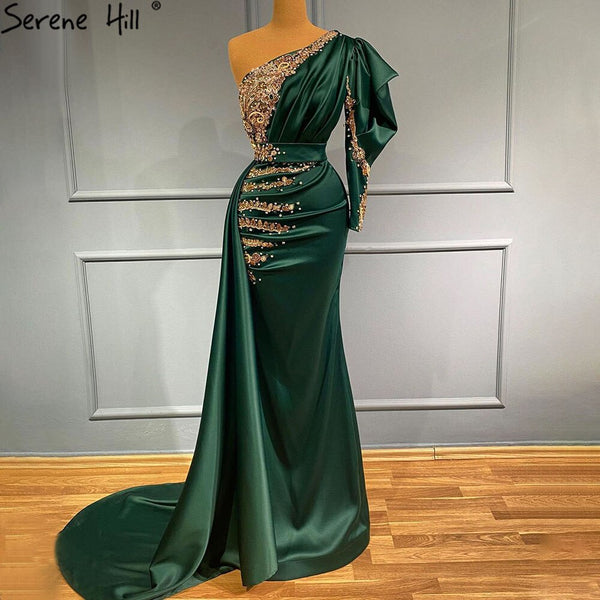 Serene Hill Green Mermaid Satin Evening Dresses Gowns 2025 Beaded One Shoulder Elegant For Women Party LA71341
