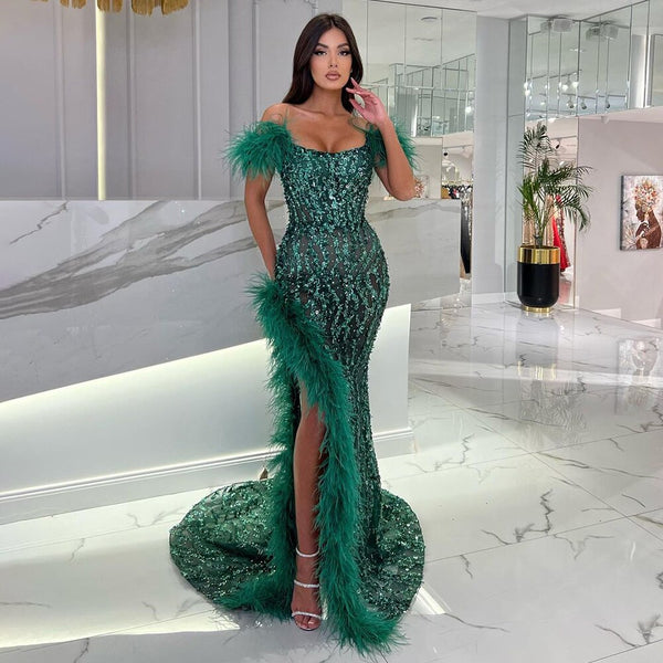 Serene Hill Green Mermaid Sexy High Split Luxury Beaded Feather Evening Dresses  Gowns 2025 For Woman Wedding Party LA72043
