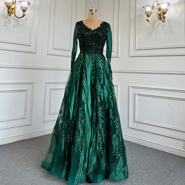 Serene Hill Green Muslim A-Line Sweetheart Evening Dresses Long Arm Gowns Luxury Beaded 2025 For Women Party LA71704