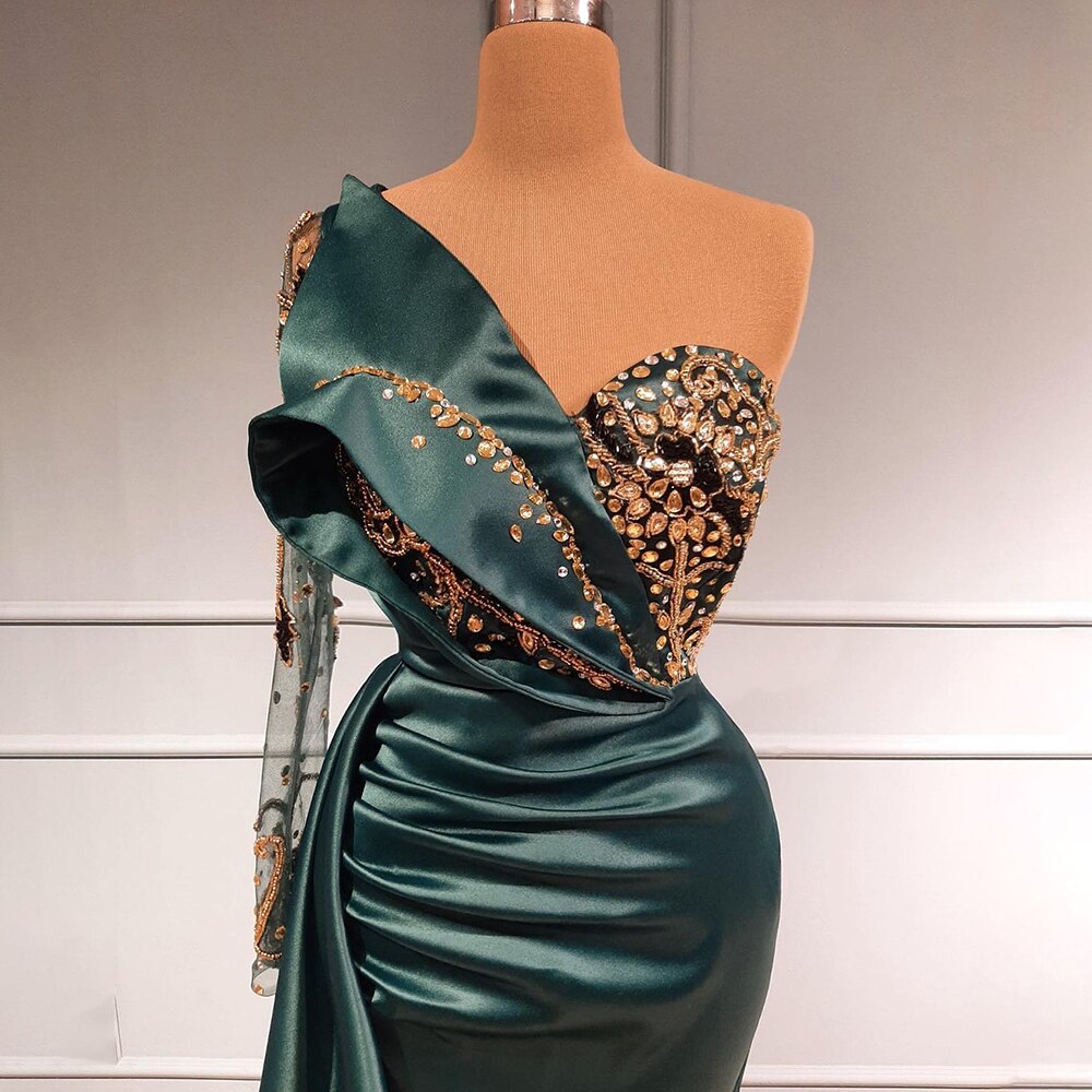 Serene Hill Green One Shoulder Satin Evening Dresses Gowns 2025 Beaded Mermaid Elegant Luxury For Women Party LA71541 - SERENE HILL