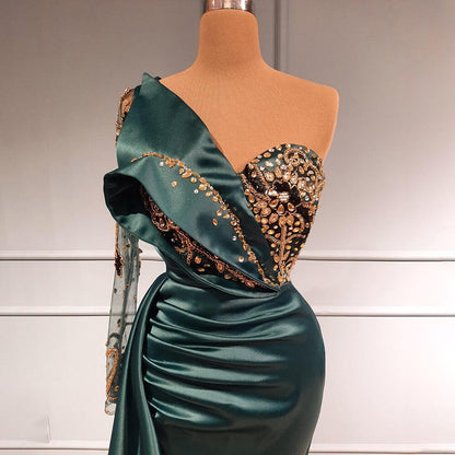 Serene Hill Green One Shoulder Satin Evening Dresses Gowns 2025 Beaded Mermaid Elegant Luxury For Women Party LA71541 - SERENE HILL