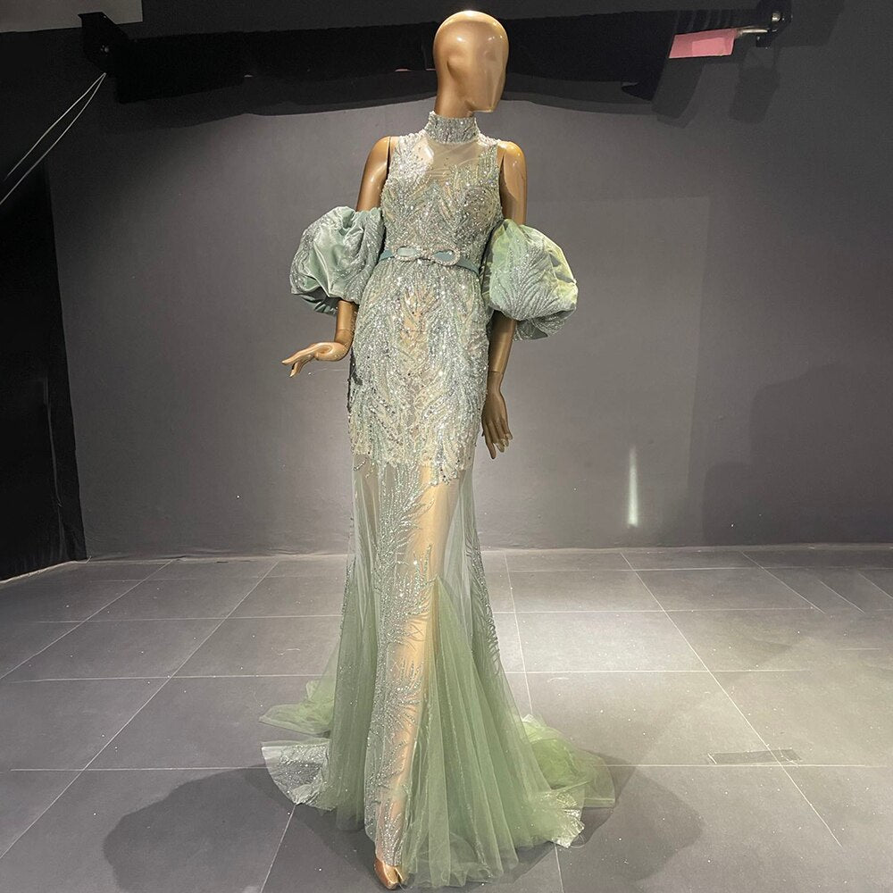 Serene Hill Green Puff Sleeve Evening Dresses Gowns 2025 Beaded Mermaid Luxury Elegant For Women Party LA71537 - SERENE HILL