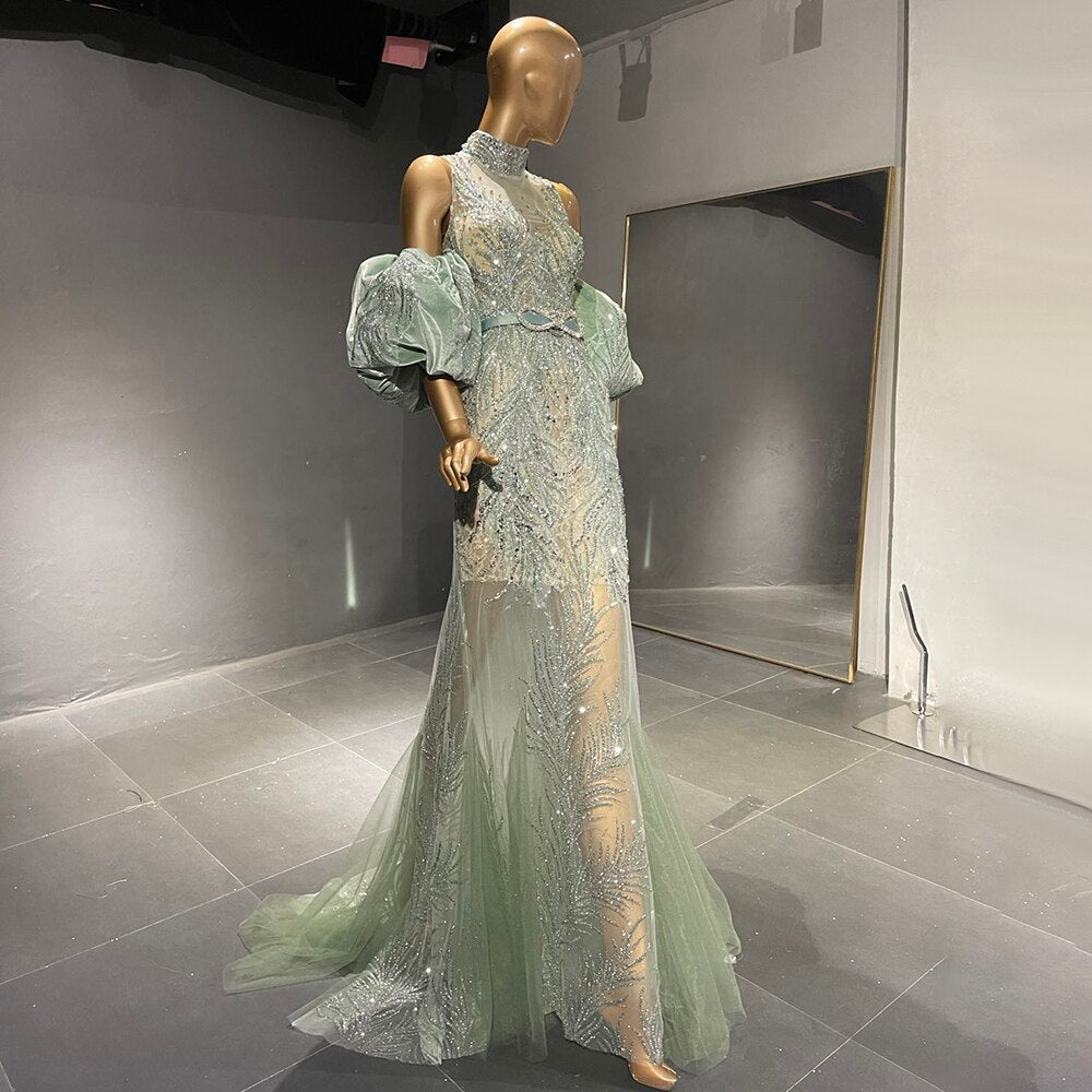 Serene Hill Green Puff Sleeve Evening Dresses Gowns 2025 Beaded Mermaid Luxury Elegant For Women Party LA71537 - SERENE HILL