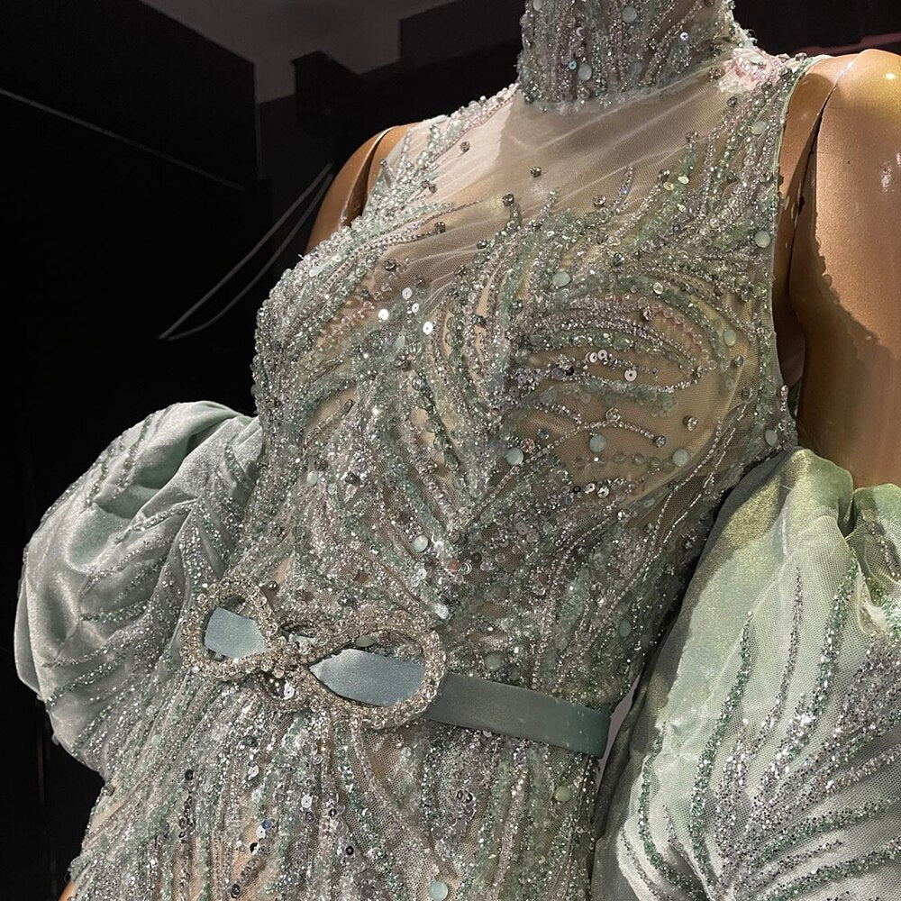 Serene Hill Green Puff Sleeve Evening Dresses Gowns 2025 Beaded Mermaid Luxury Elegant For Women Party LA71537 - SERENE HILL
