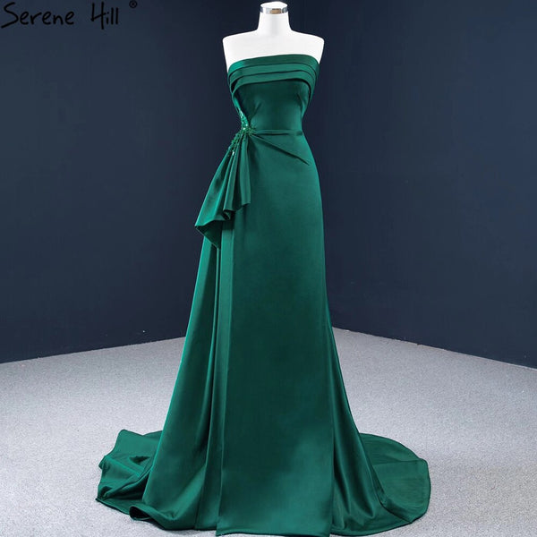 Serene Hill Green Satin A-Line Evening Gowns 2025 Beading Sleeveless Sexy Formal Dress Design HM67203