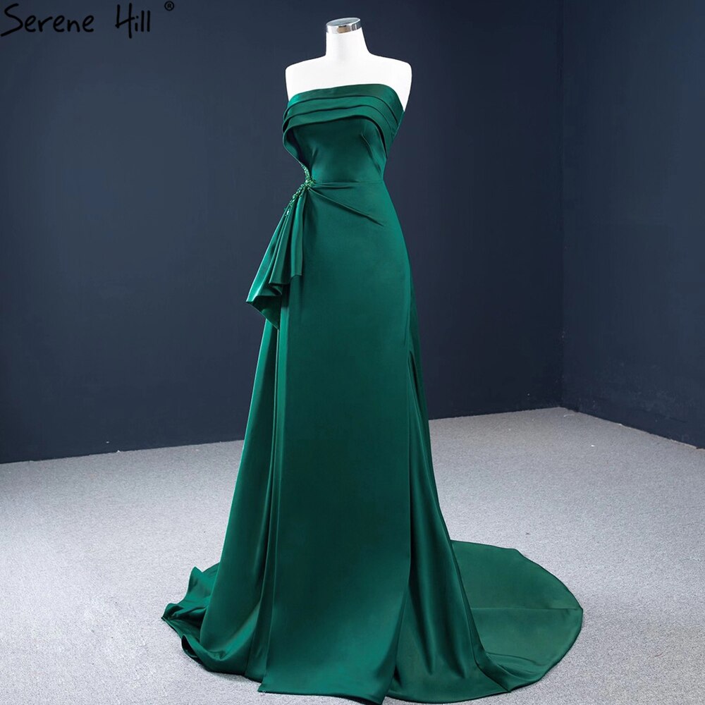 Serene Hill Green Satin A-Line Evening Gowns 2025 Beading Sleeveless Sexy Formal Dress Design HM67203 - SERENE HILL